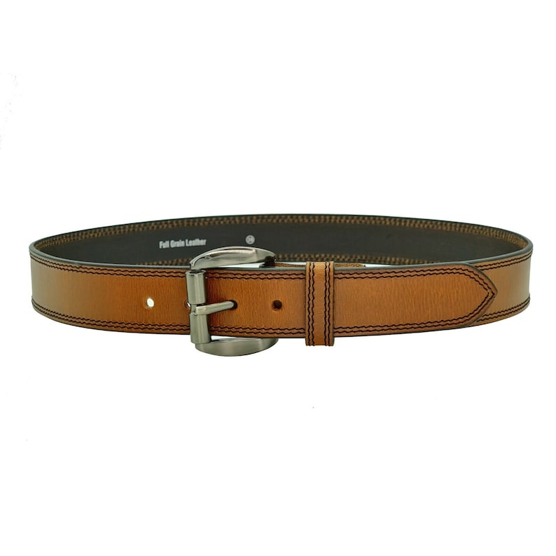 May include: A brown leather belt with a silver buckle and a stitched design. The belt is labeled "Full Grain Leather".