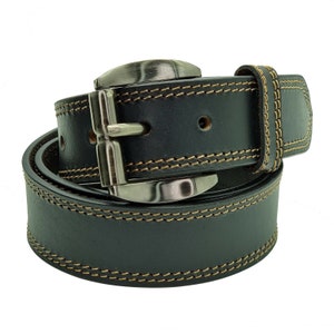 May include: A black leather belt with a silver buckle and brown stitching. The belt is rolled up and the buckle is visible.