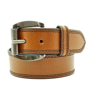 May include: A brown leather belt with a silver buckle and double stitching. The belt is rolled up and the buckle is visible.