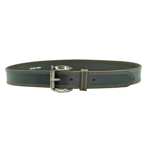 May include: A dark brown leather belt with a silver buckle and brown stitching. The belt is labeled "Full Grain Leather".