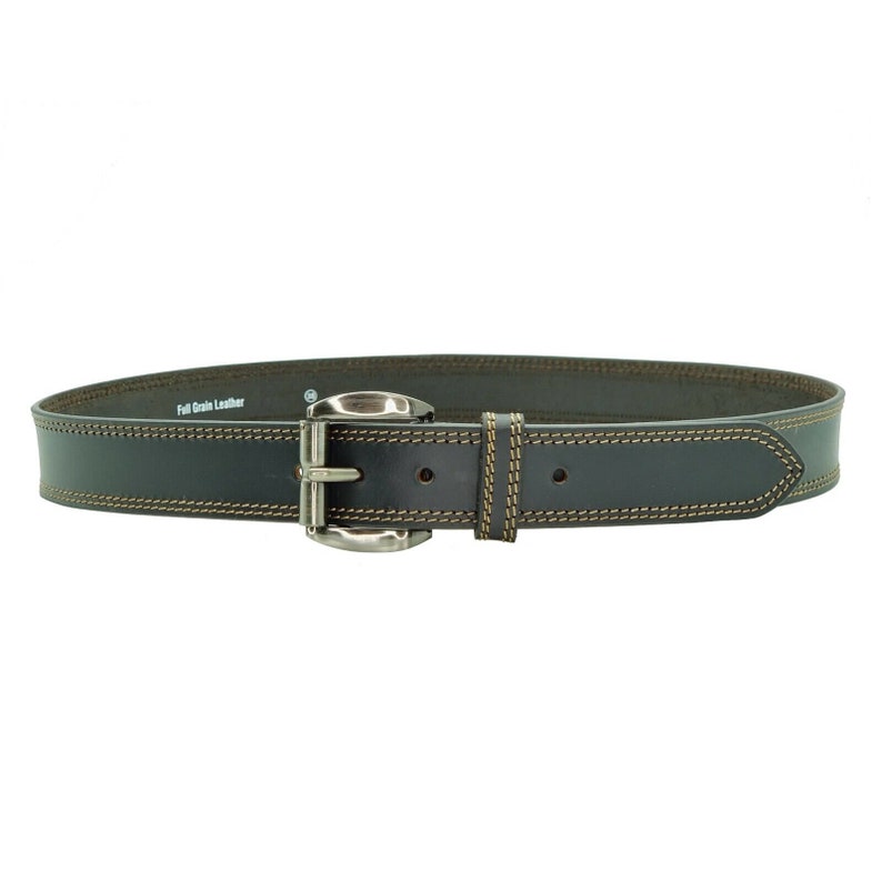 May include: A dark brown leather belt with a silver buckle and brown stitching. The belt is labeled "Full Grain Leather".