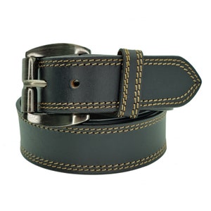 May include: A black leather belt with a silver buckle and brown stitching. The belt is rolled up and the buckle is visible.