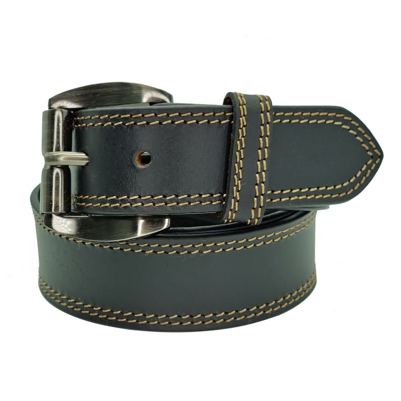 May include: A black leather belt with a silver buckle and brown stitching. The belt is rolled up and the buckle is visible.