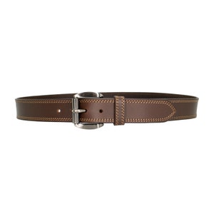 May include: A brown leather belt with a silver buckle and a double stitch detail.