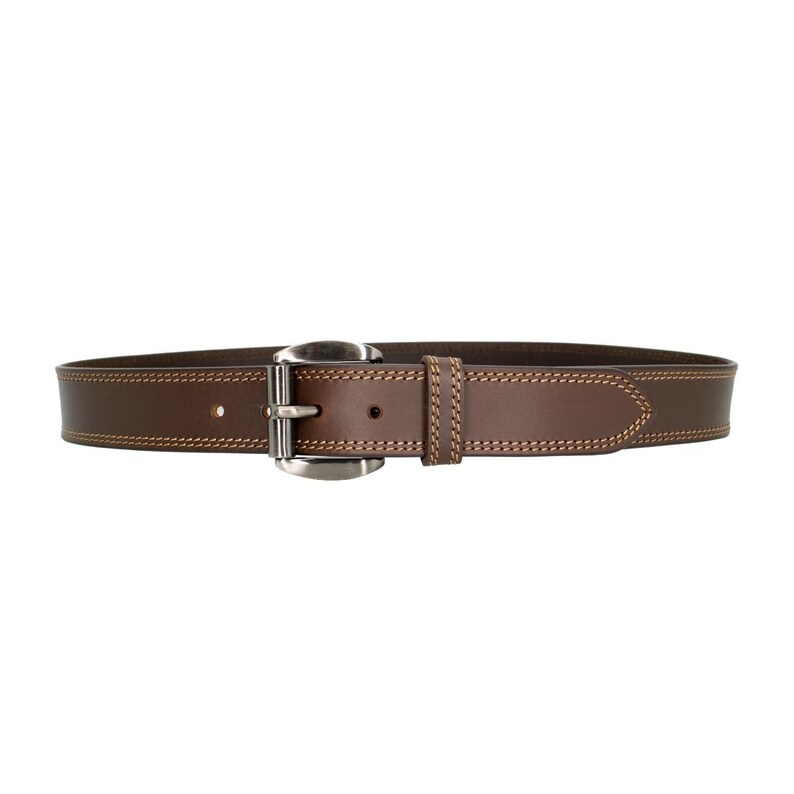 May include: A brown leather belt with a silver buckle and a double stitch detail.