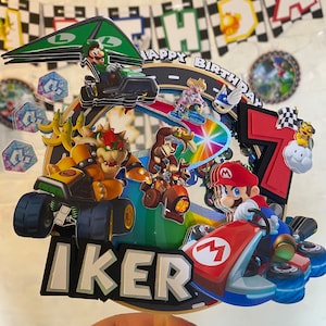 Custom Mario Kart cake topper, Birthday cake topper, shaker and lights, Mario bro party decor