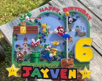 Custom Mario Bro cake topper, Birthday cake topper, shaker and lights, Mario bro party decor