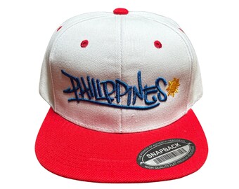 Philippines Graffiti  Snapback Hat – Street Style Embroidered Cap with Sun Emblem | Filipino Pride | White and Red Flat Brim