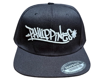 Philippines Graffiti  Snapback Hat – Street Style Embroidered Cap with Sun Emblem | Filipino Pride | Black Flat Brim with White 3D puff