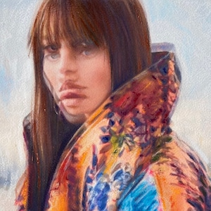 Optical Illusion Portrait, Contemporary Figurative Woman Painting in Patterned Cloak, Original Mixed Media Art on Paper, Modern Wall Artwork