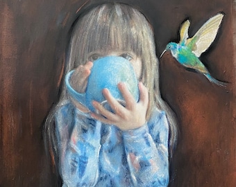 Original art, girl portrait, fabric, realism, blue pyjamas, blankets, blue and green, mixed media, painting, hummingbird, art for home, art