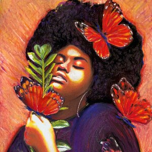 Donna africana con farfalle, dipinto originale, arte realistica, acquerello, pastello, arte BLM, arte da soggiorno, dipinto di ispirazione africana
