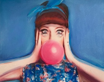 Painting of woman with blue dress blowing bubbles, double image art, original art, double vision, pink bubblegum, surreal art, free delivery