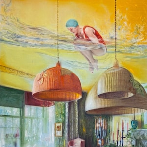 Dipinto originale di nuotatore surreale – Fantasia di piscina retrò nella sala da pranzo – 'Canon Ball!!!' di Maria Titan