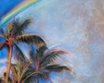 Sky with rainbow and palm trees, original art, art on paper, realistic art, wall art, home decor, cloud art, gift for her, tree painting