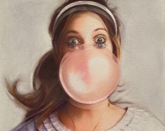 Painting of woman with lilac dress blowing bubble, double image art, original art, blurry vision, pink bubblegum, surreal art, free delivery