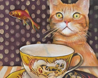Cat art, original painting, goldfish, wall art, kitty cat art, animal artwork, free delivery, teacup, cats and fish art, ginger cat painting