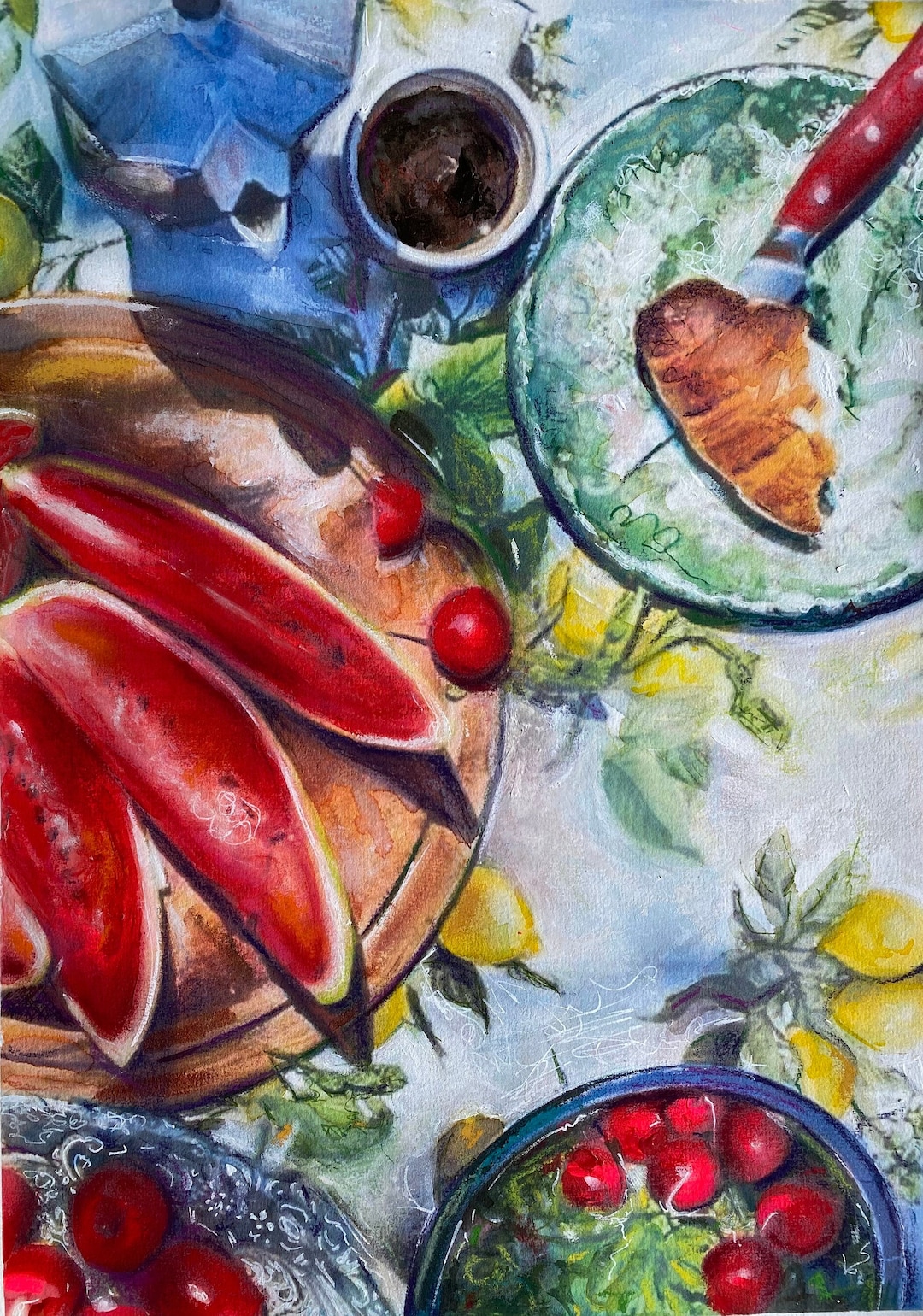 Dipinto originale di natura morta con anguria, picnic, arte, colazione ...