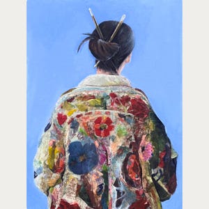 Mixed Media Collage Portrait, Woman in Patterned Kimono, Hand-Painted Original Figurative Art, Contemporary Textured Canvas Panel, Bold Art