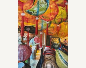 Lunar New Year Lantern Painting, Vibrant Festival Scene on Handmade A3 Paper, Whimsical Fine Art with Lanterns, Colorful Cultural Artwork