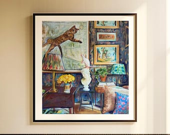 Lámina de pared del Jefe Ratonero, obra de arte caprichosa de gato y ratón, póster giclée cuadrado de bellas artes, estampado animal divertido para decoración vintage del hogar.