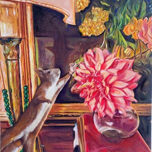 Arte originale di scoiattoli, dipinto di scoiattoli carini, dipinto di dalie, arte per la cameretta dei bambini, arte della fauna selvatica, arte su carta, arte di animali, consegna gratuita, regalo