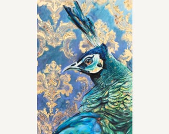 孔雀の絵画、A3ミクストメディア金箔鳥アート紙、鮮やかなエキゾチック
