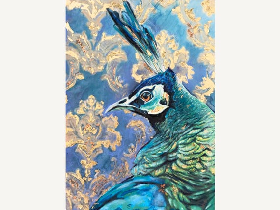 孔雀の絵画、A3ミクストメディア金箔鳥アート紙、鮮やかなエキゾチック