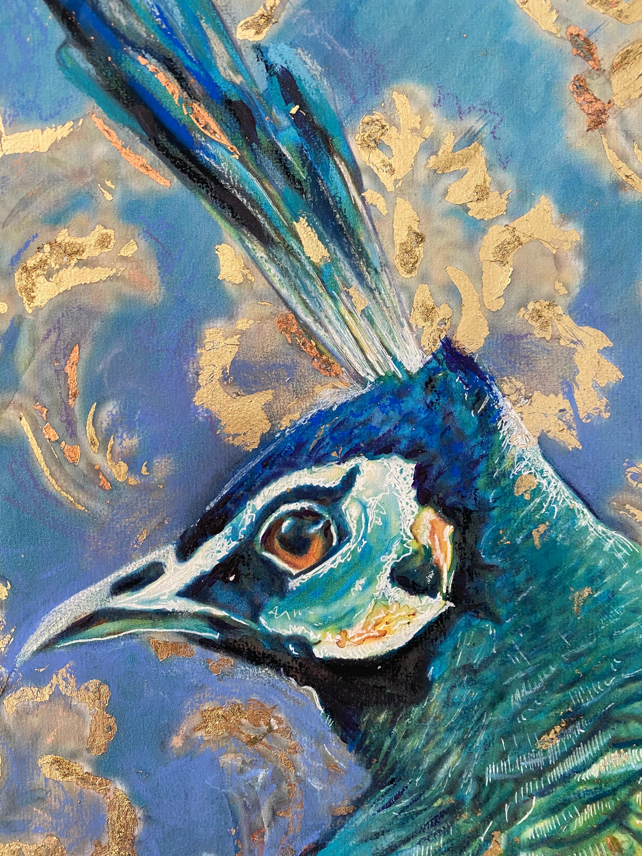 孔雀の絵画、A3ミクストメディア金箔鳥アート紙、鮮やかなエキゾチック