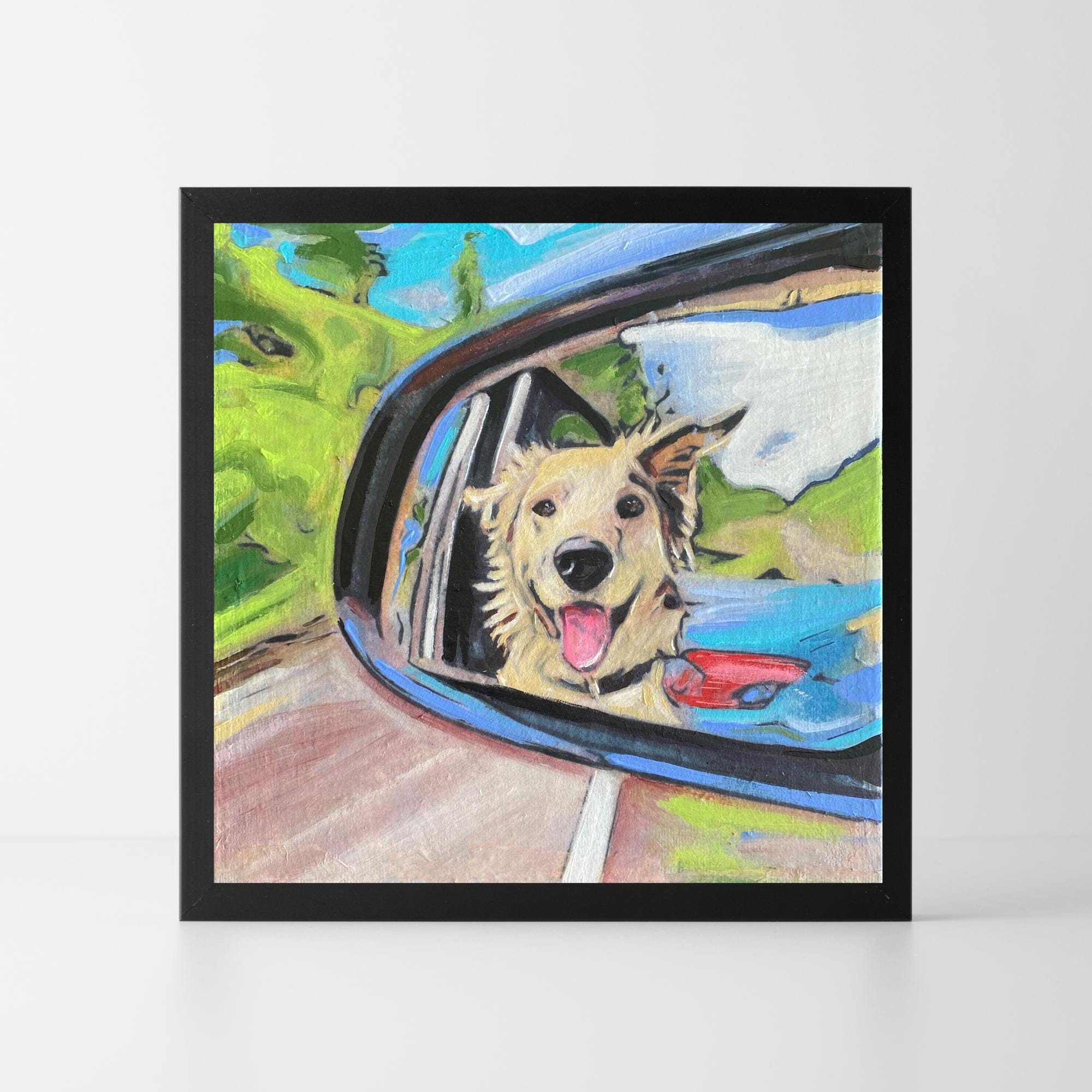 車に乗ったラブラドール犬の絵画、可愛くて面白いミクストメディアの