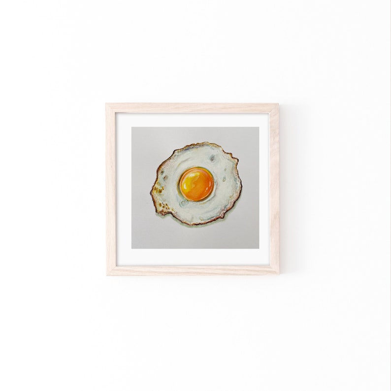 original painting, fried egg painting, sunny side up egg artwork, mom gift, yellow white art, watercolour, kitchen art, realistic painting image 5