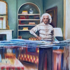 Fan art di Einstein, sott'acqua, Albert Einstein, arte surreale, ritratto di stanza, piccolo dipinto, arte realistica, regalo di inaugurazione della casa, regalo per lui