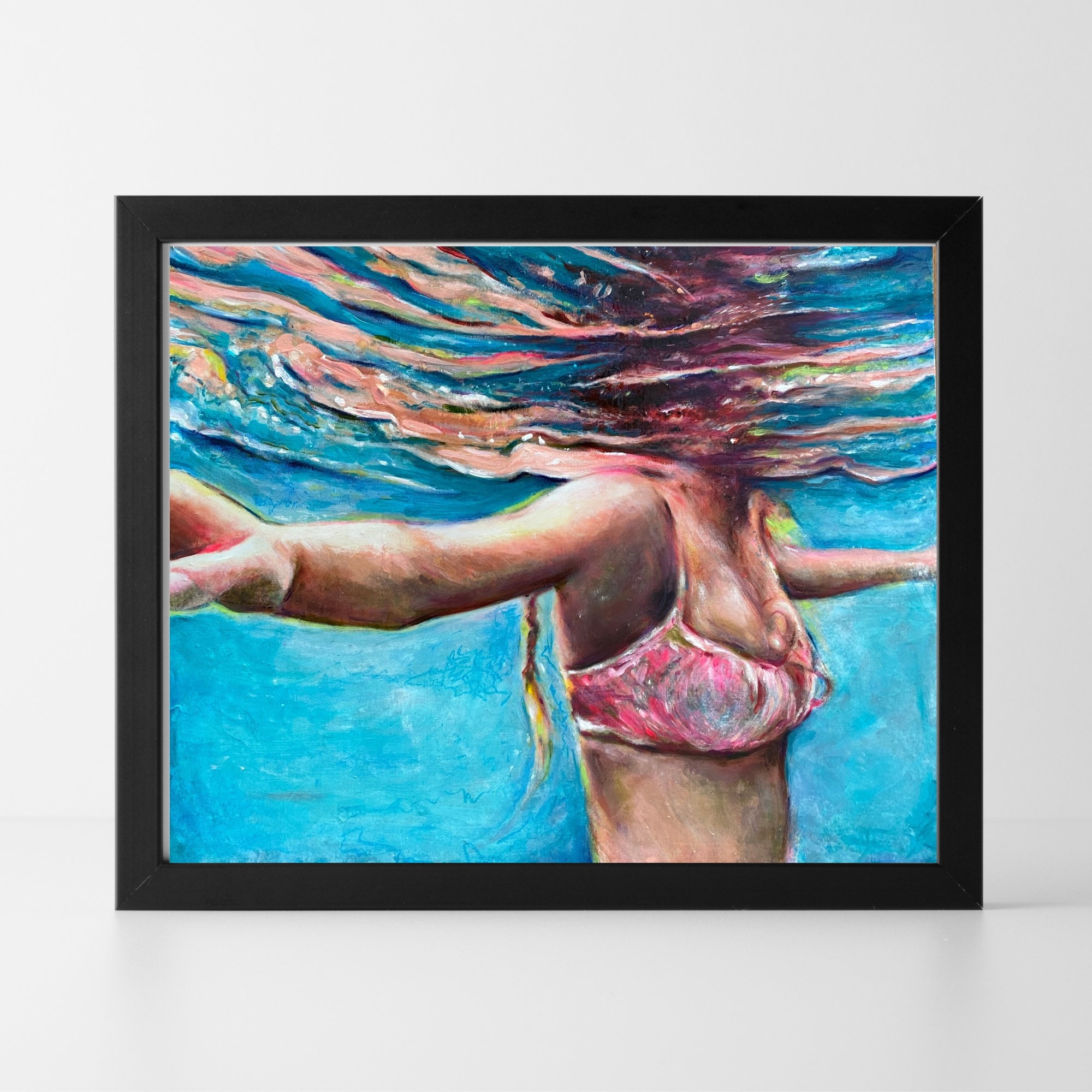 Art sous-marin, art original, peinture à l'eau, fille dans l'eau, art sur  toile, eau bleue, robe rose, art de plage, peinture de mer, art de nageur -   Canada