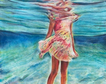 Underwater art, original art, water painting, girl in water, art on canvas, blue water, pink dress, beach art, sea painting, swimmer art