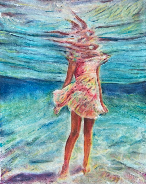 Art sous-marin, art original, peinture à l'eau, fille dans l'eau, art sur  toile, eau bleue, robe rose, art de plage, peinture de mer, art de nageur -   Canada