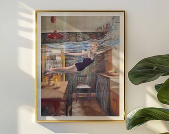 Surreal Swimmer Wall Art Print, Retro Kitchen Decor, Mid Century Style Fine Art Giclée Poster, Vintage Swimming Interior Artwork