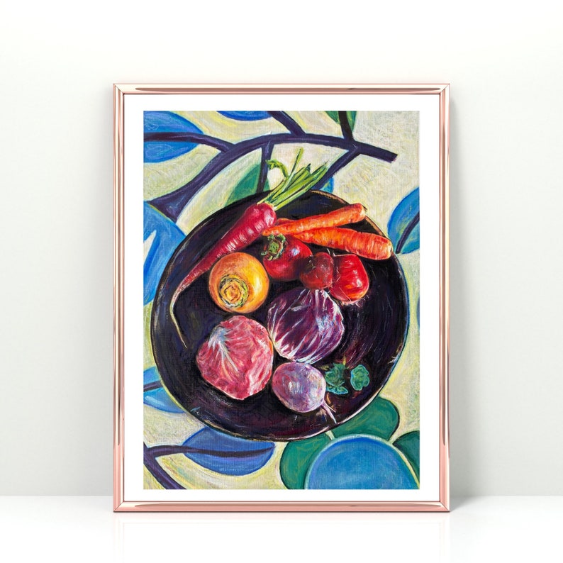 Original still life painting, bowl of vegetables, food art, original art, acrylic, colorful painting, home decor, gift for her, wall art image 10