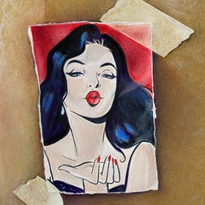 Dipinto di fumetti retrò, dipinto di pop art, opera d'arte realistica, arte murale, arte originale, arte su carta, arte su carta, cartoni animati retrò che mandano baci,