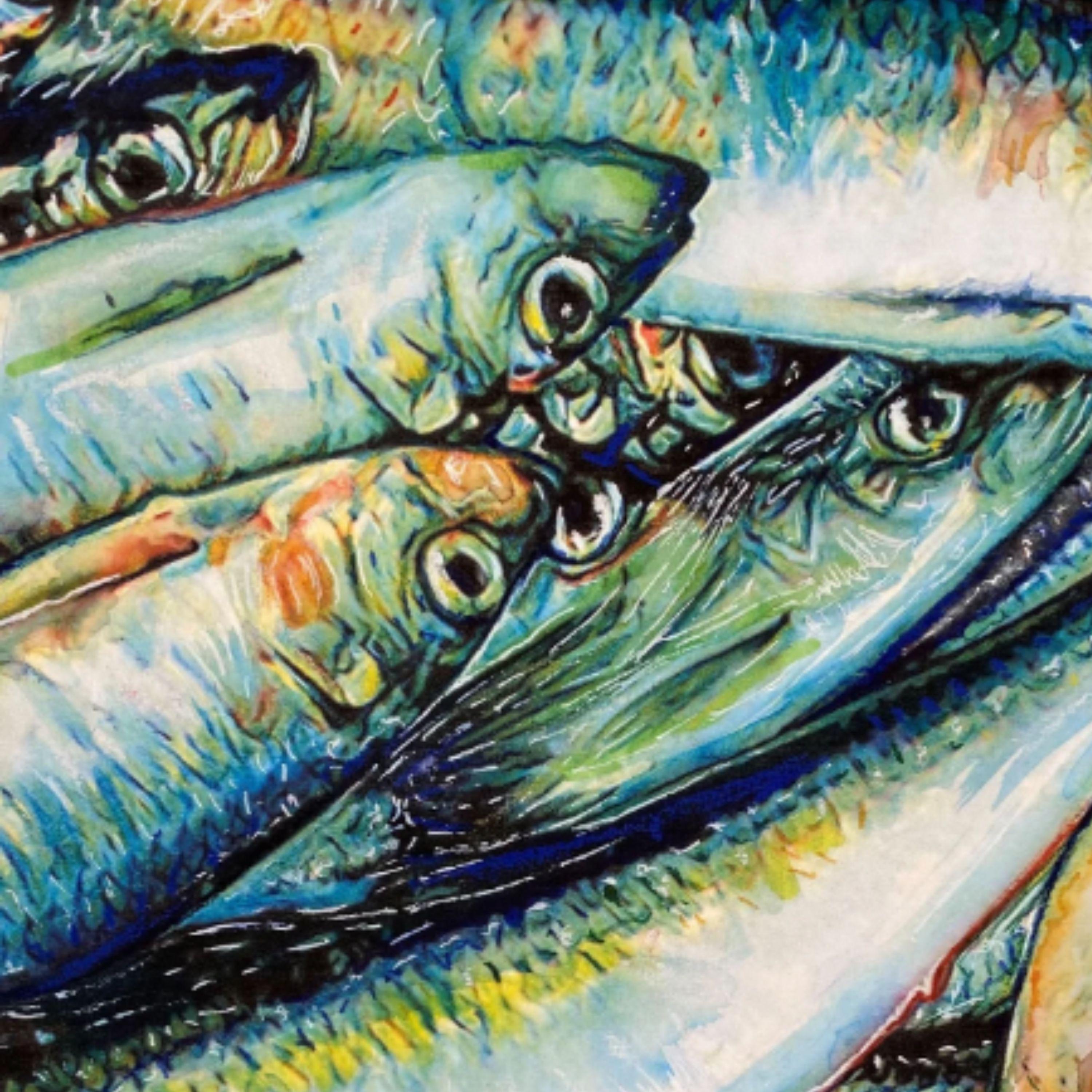 オリジナルのイワシの魚の絵画、沿岸海洋アート、シルバーブルーの魚の