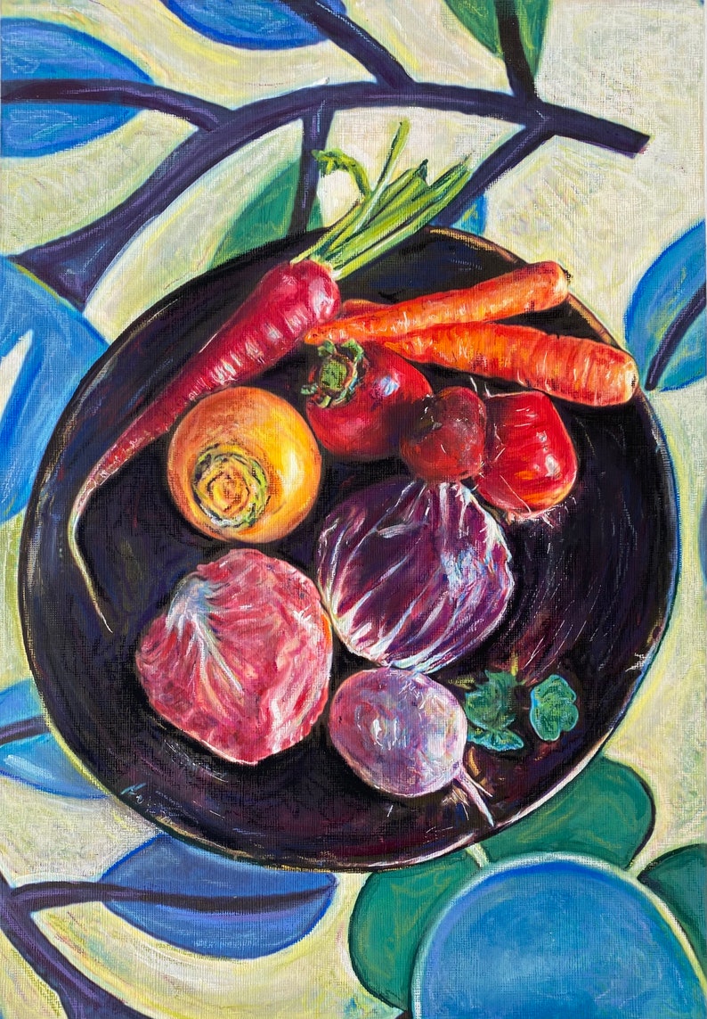 Original still life painting, bowl of vegetables, food art, original art, acrylic, colorful painting, home decor, gift for her, wall art image 1