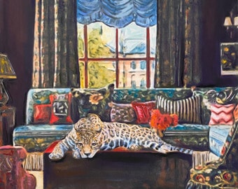 Léopard sur une table, peinture de gros chats, peinture originale, art sur papier, inspiré de la nature, décoration murale, oeuvre d'art animalière, art d'inspiration africaine