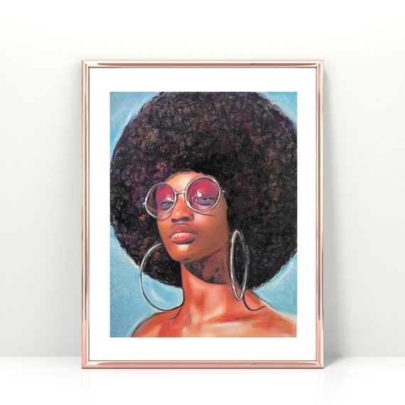 オリジナルのアフロ女性の絵画、サングラスをかけた比喩的な肖像画、A4