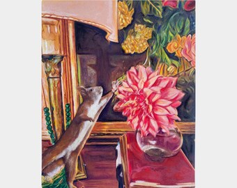 Whimsical Squirrel & Dahlia Painting: Original Mixed Media Animal Art