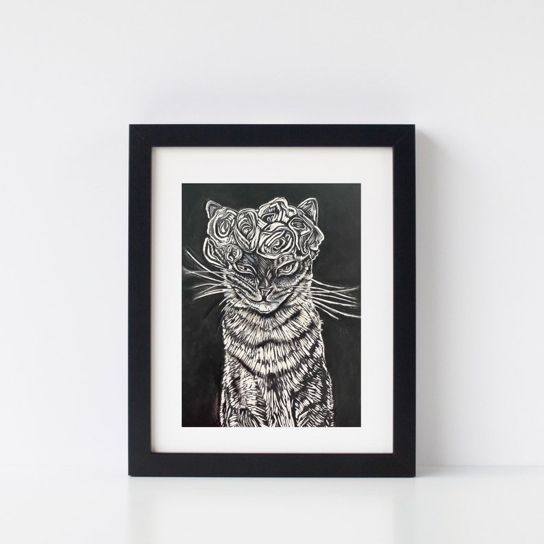 Cat print, cat with flowers, funny cat, cat art, Lino cat art, original art, gift for cat lover, gift for her, art for home, home decor, cat image 8