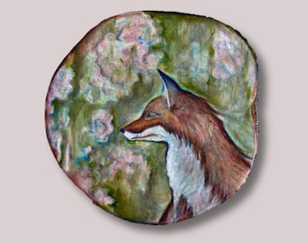 Original Gemälde von Fox auf Holzscheibe, Waldtierkunst, wunderliches handgemaltes Wildtier-Kunstwerk für rustikale Naturdekoration