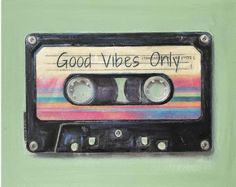Dipinto originale di musicassetta, pop art retrò su tela, opera d'arte musicale nostalgica, decorazione da parete vintage anni '80 e '90, solo buone vibrazioni