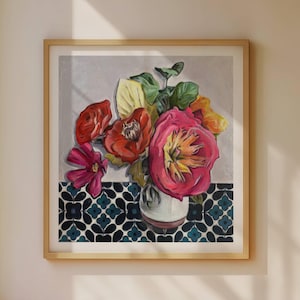 La musa de Gauguin: bodegón floral colorido para pared / Lámina artística cuadrada / Póster de florero llamativo para cocina o comedor