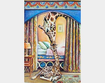 Pintura de jirafa madre y bebé, arte animal caprichoso sobre papel, acogedora escena de interior de guardería con jirafas, arte figurativo estilo cuento de hadas.