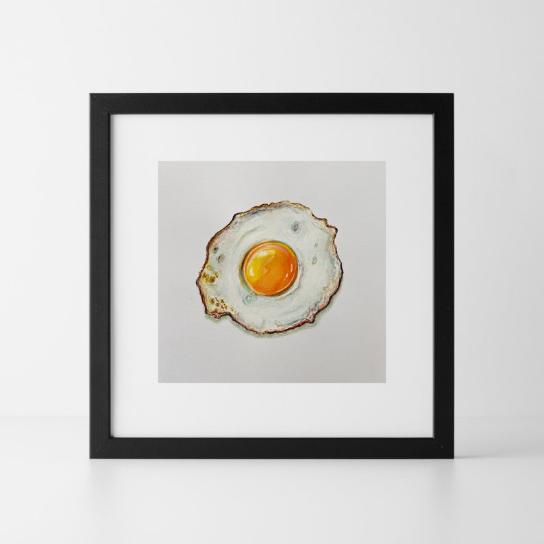 original painting, fried egg painting, sunny side up egg artwork, mom gift, yellow white art, watercolour, kitchen art, realistic painting image 2