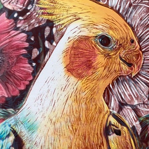 Stampa linoleografica di uccelli, intaglio di uccelli, arte di cacatua, opera d'arte di uccelli, stampa a olio, opera d'arte di pappagalli, arte originale, stampata a mano, arte su carta